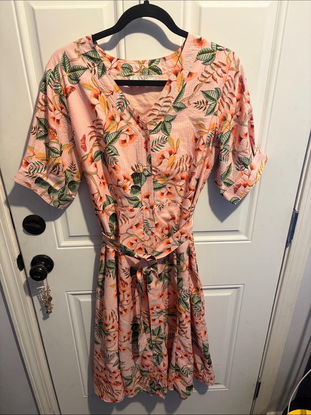 LOFT Pink Floral Button-Front Tie-Waist Midi Dress